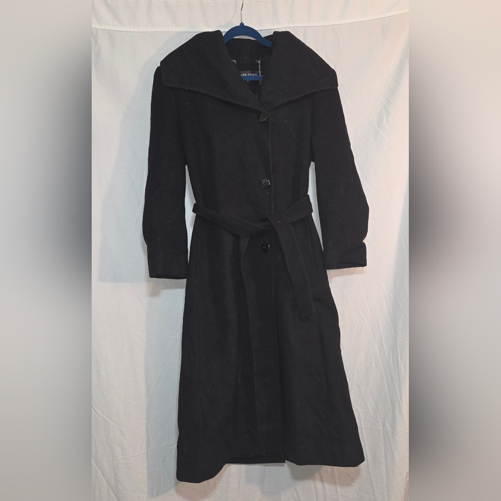 Ellen Tracy Black Wool Blend Belted Trench Coat Sz 10